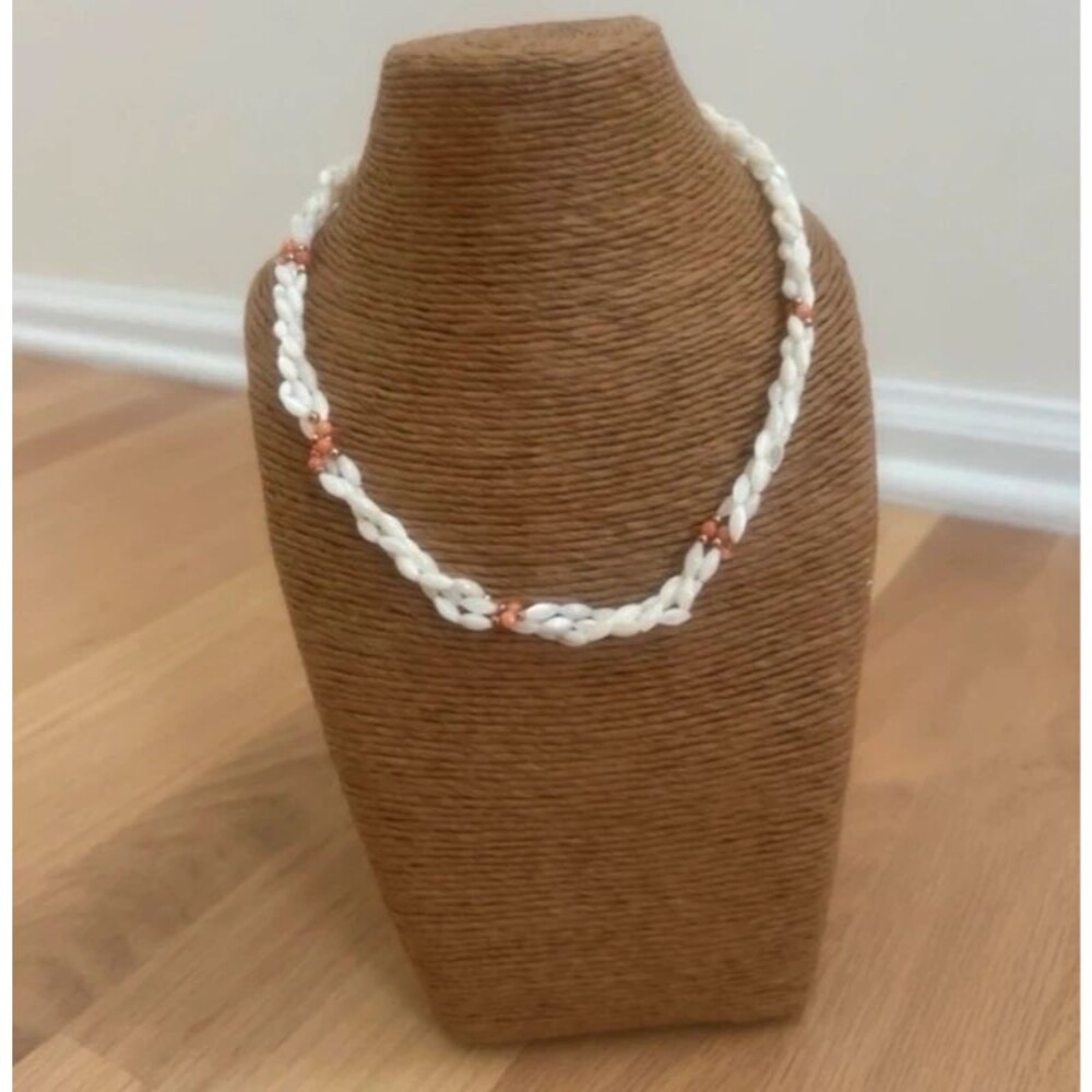 Vintage Triple Twisted Fresh Water Pearl Pink Coral Necklace Gold Beads 18 In